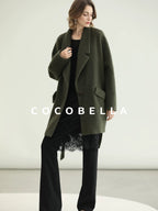 COCOBELLA Wool Blend Belted Overcoat Loose Blazer Midlength Work Seaweed Green Jackets
