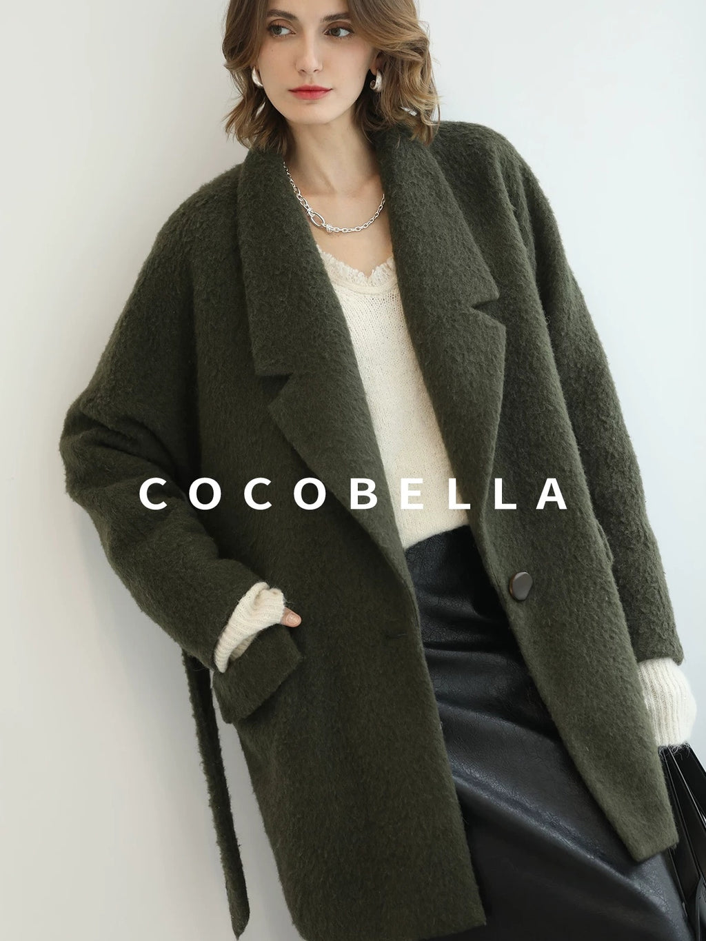 COCOBELLA Wool Blend Belted Overcoat Loose Blazer Midlength Work Seaweed Green Jackets