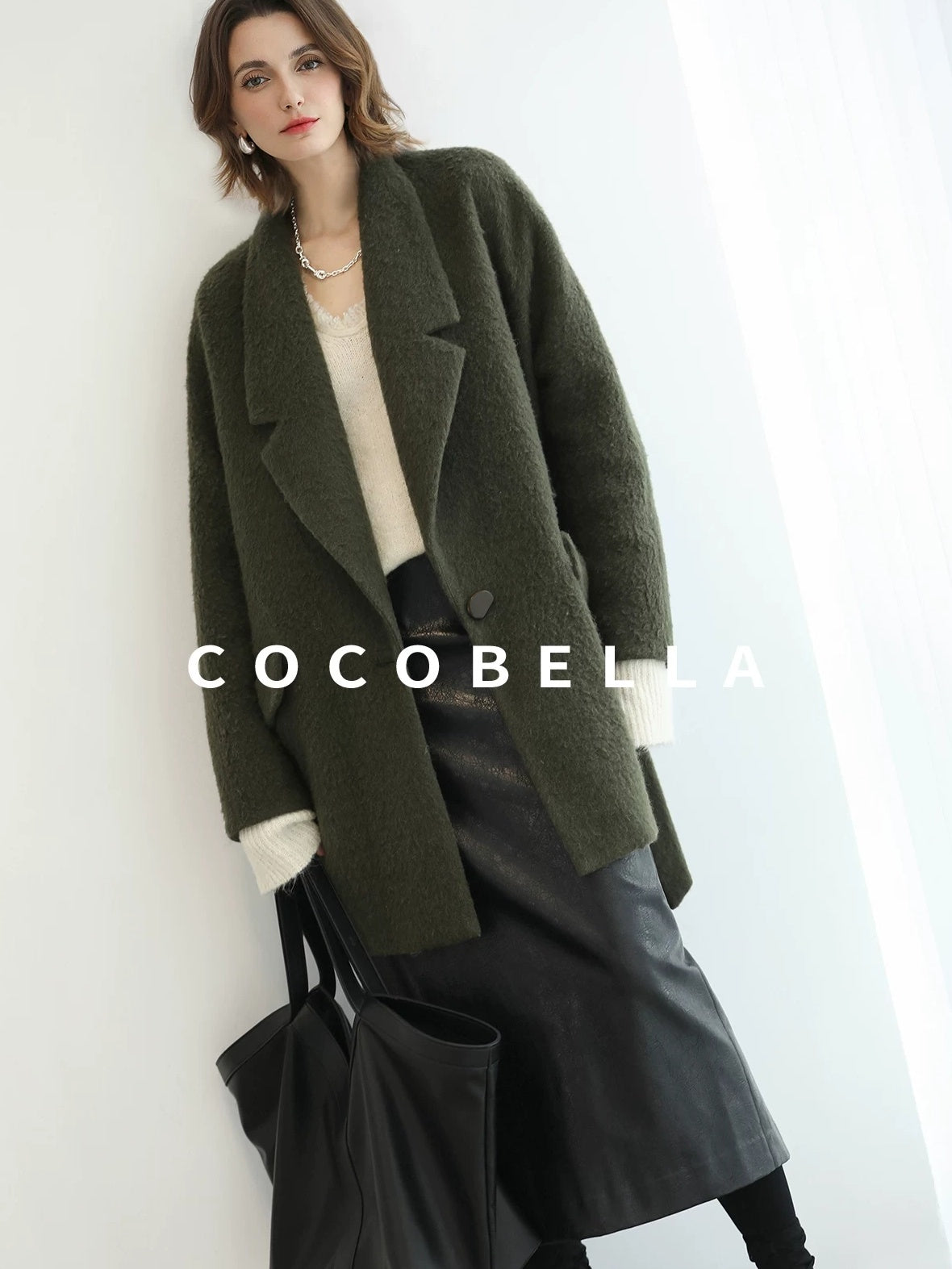 COCOBELLA Wool Blend Belted Overcoat Loose Blazer Midlength Work Seaweed Green Jackets