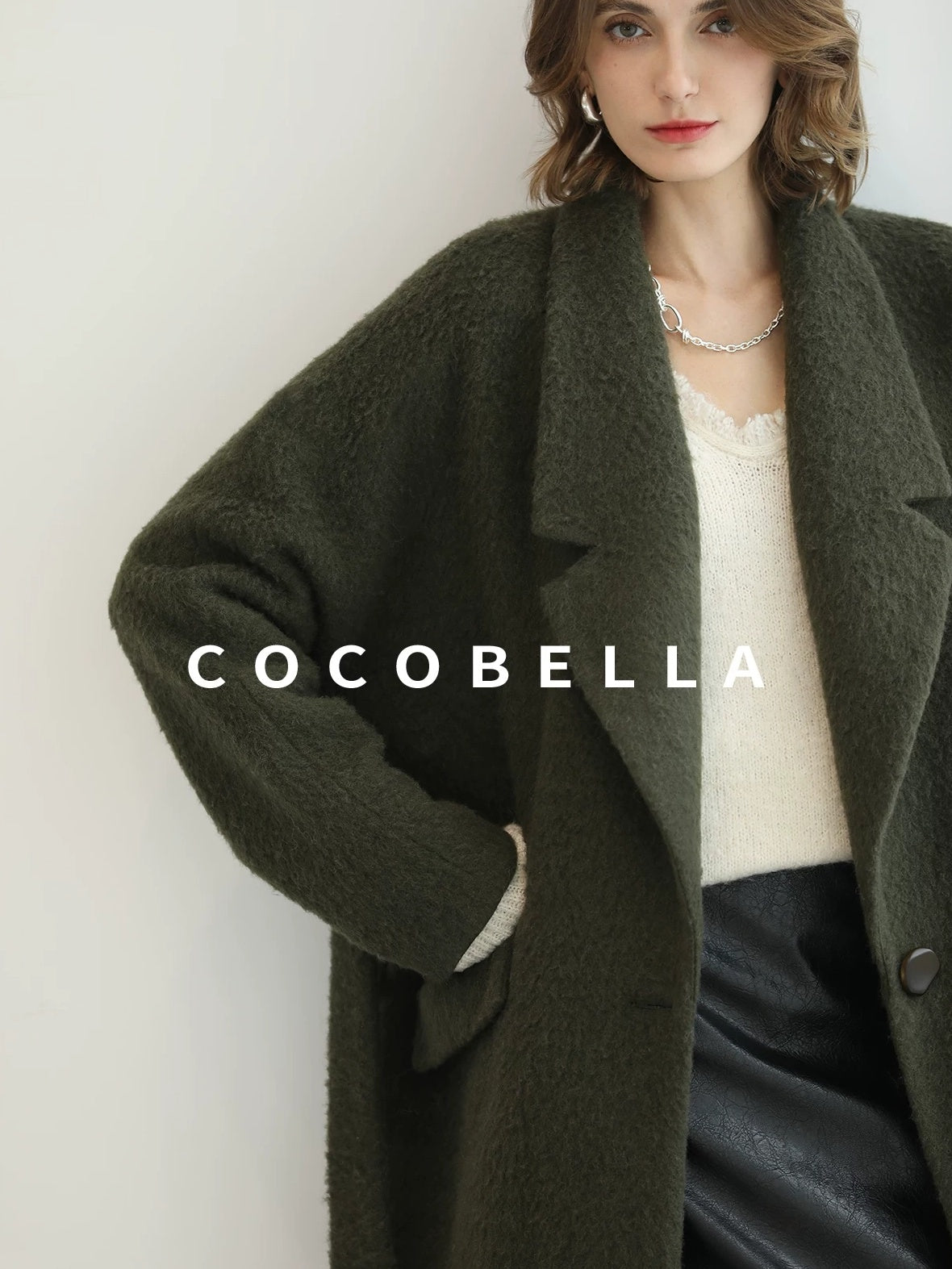 COCOBELLA Wool Blend Belted Overcoat Loose Blazer Midlength Work Seaweed Green Jackets