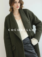 COCOBELLA Wool Blend Belted Overcoat Loose Blazer Midlength Work Seaweed Green Jackets