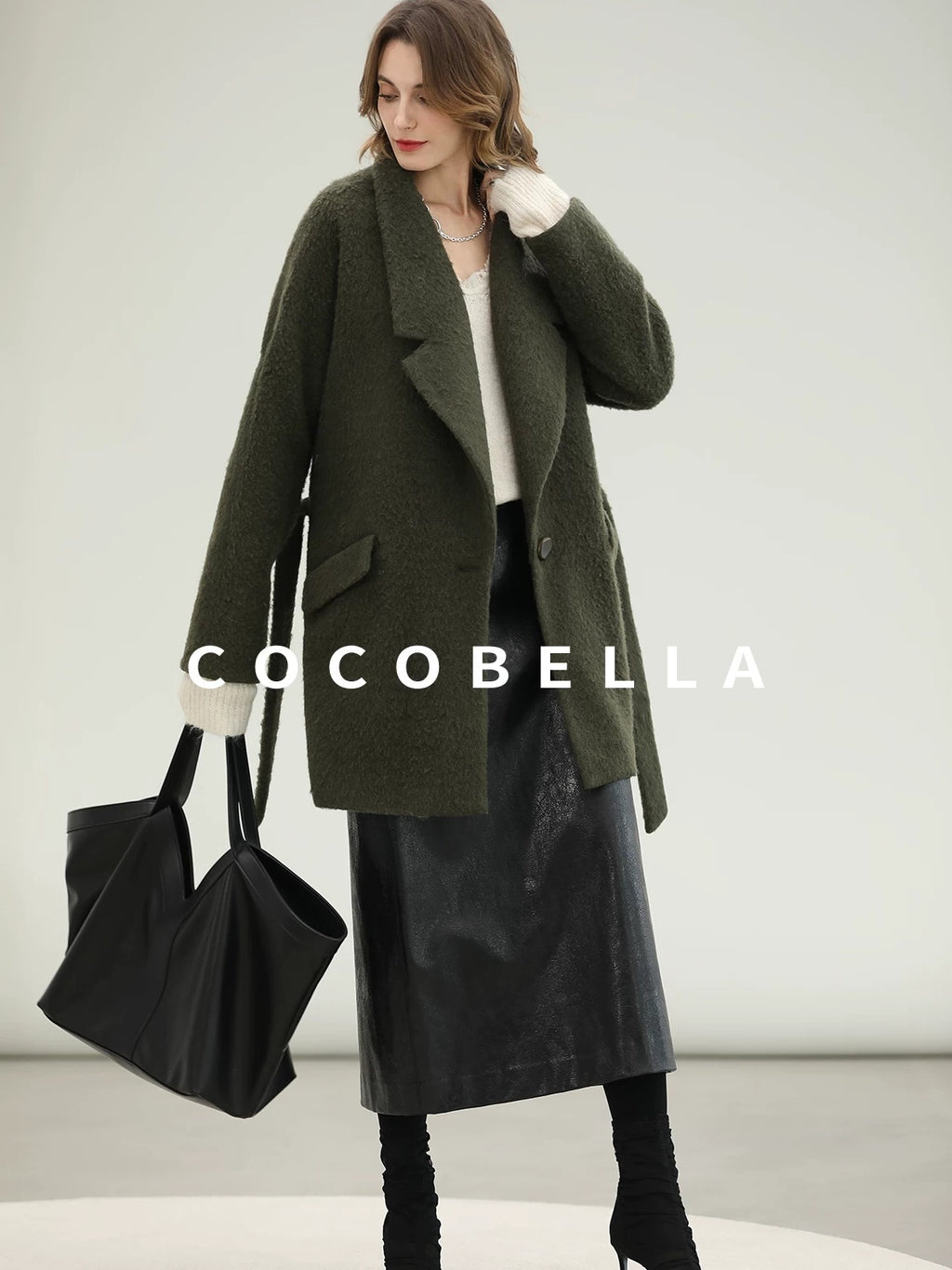 COCOBELLA Wool Blend Belted Overcoat Loose Blazer Midlength Work Seaweed Green Jackets