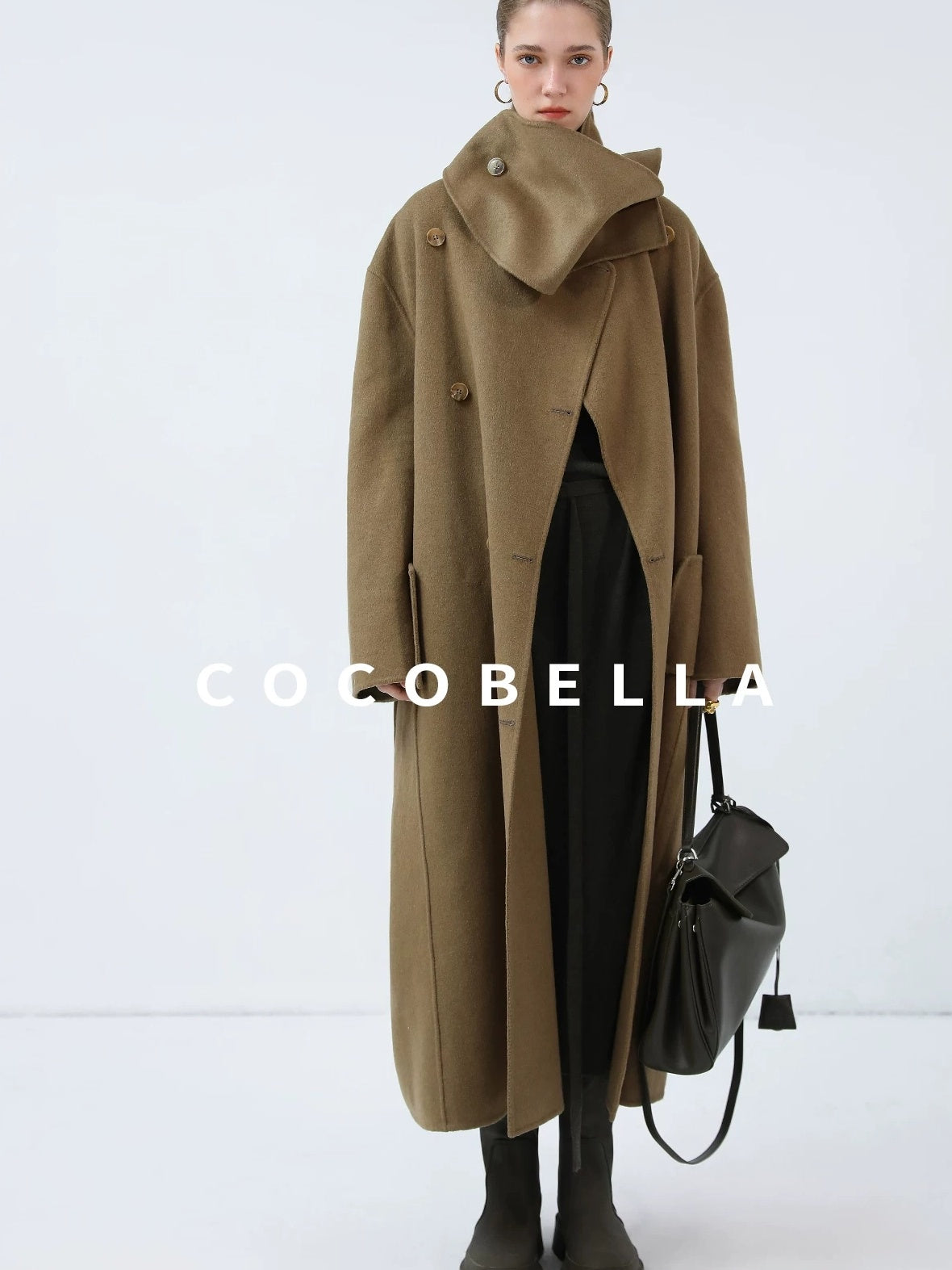 COCOBELLA Wool Blend British Commuter Loose Long Double Breasted Tobacco Brown Coats