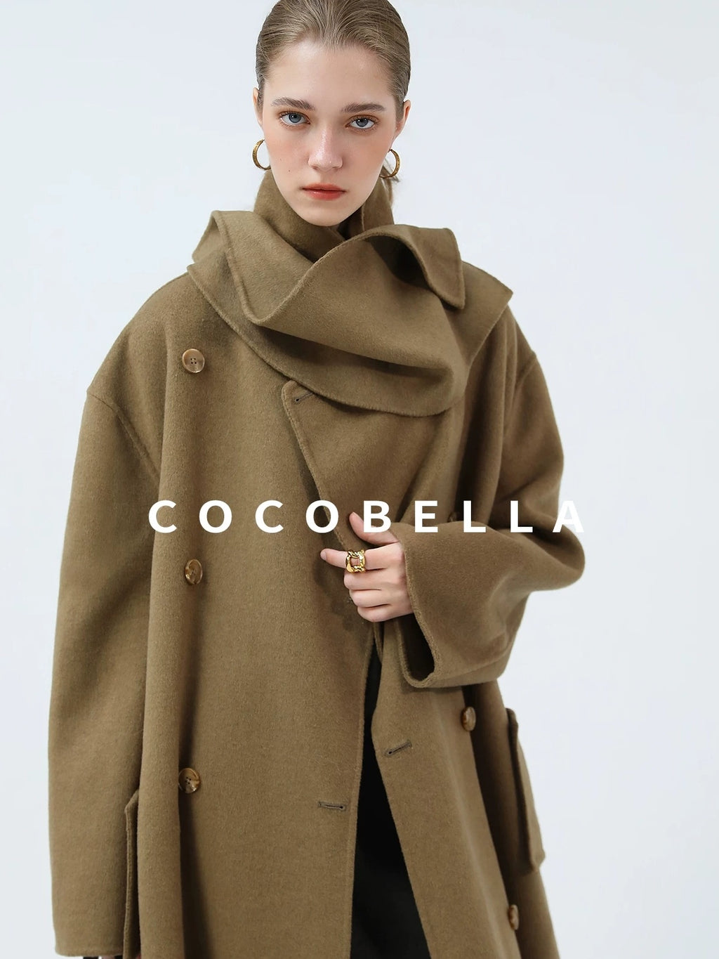 COCOBELLA Wool Blend British Commuter Loose Long Double Breasted Tobacco Brown Coats