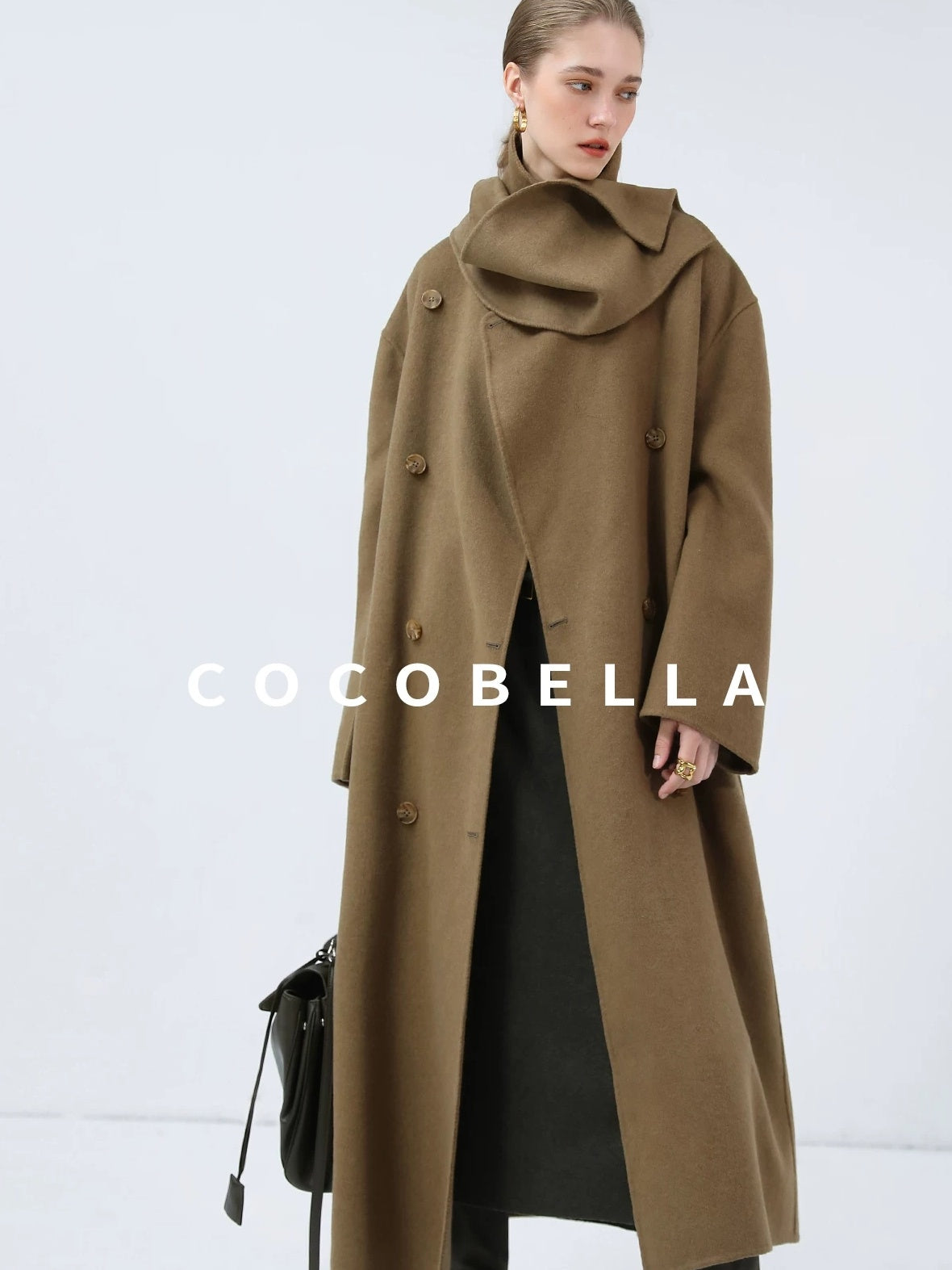 COCOBELLA Wool Blend British Commuter Loose Long Double Breasted Tobacco Brown Coats