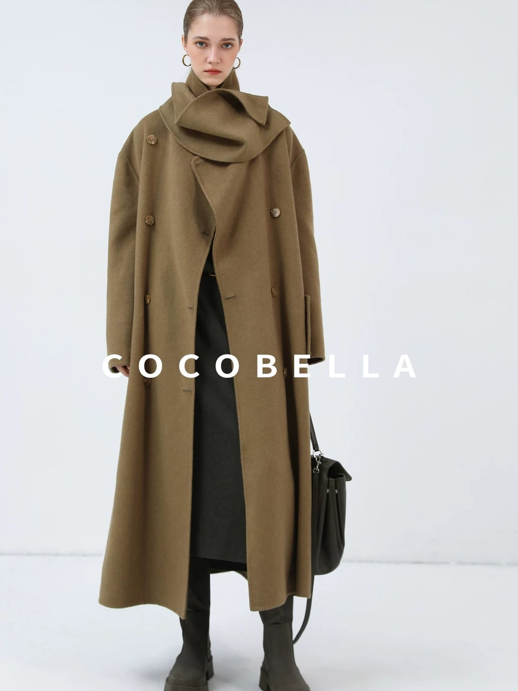 COCOBELLA Wool Blend British Commuter Loose Long Double Breasted Tobacco Brown Coats