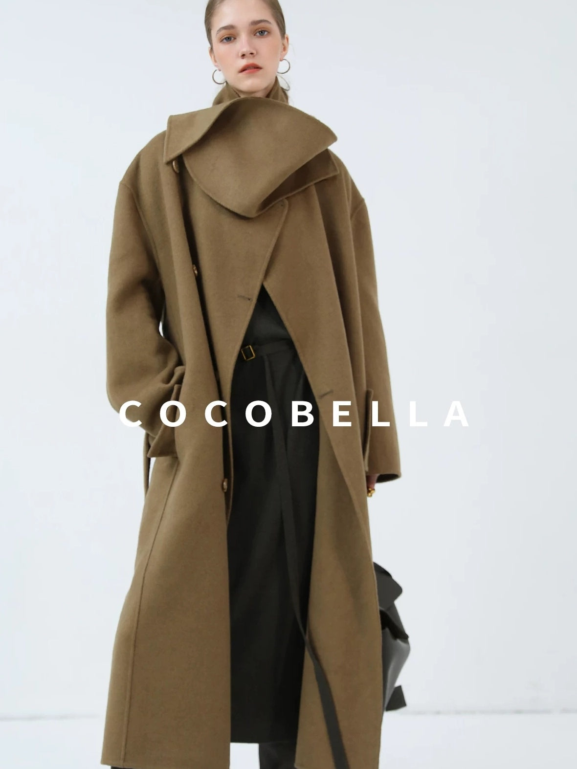 COCOBELLA Wool Blend British Commuter Loose Long Double Breasted Tobacco Brown Coats