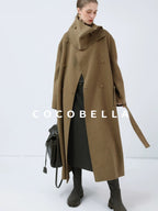 COCOBELLA Wool Blend British Commuter Loose Long Double Breasted Tobacco Brown Coats
