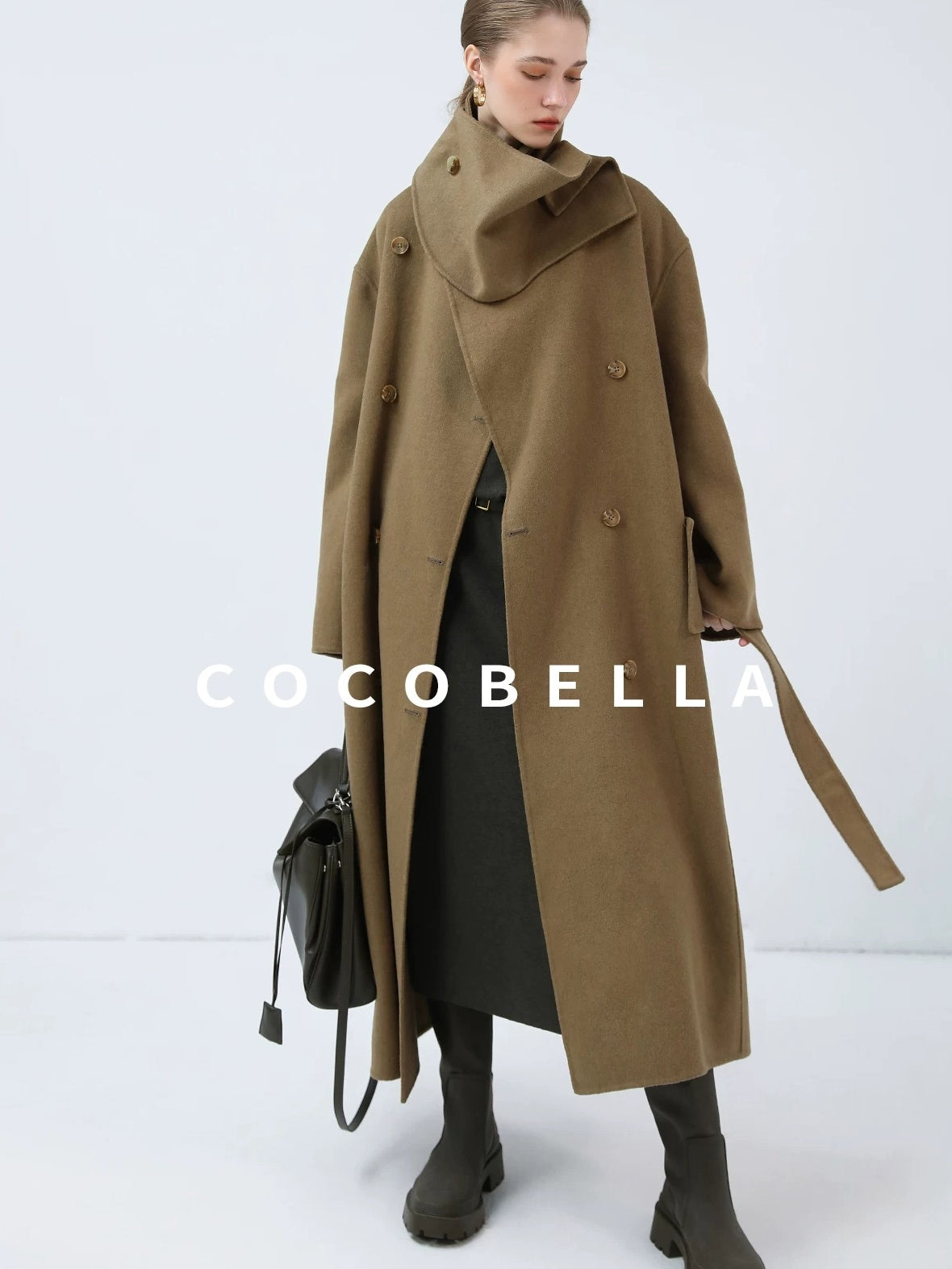 COCOBELLA Wool Blend British Commuter Loose Long Double Breasted Tobacco Brown Coats