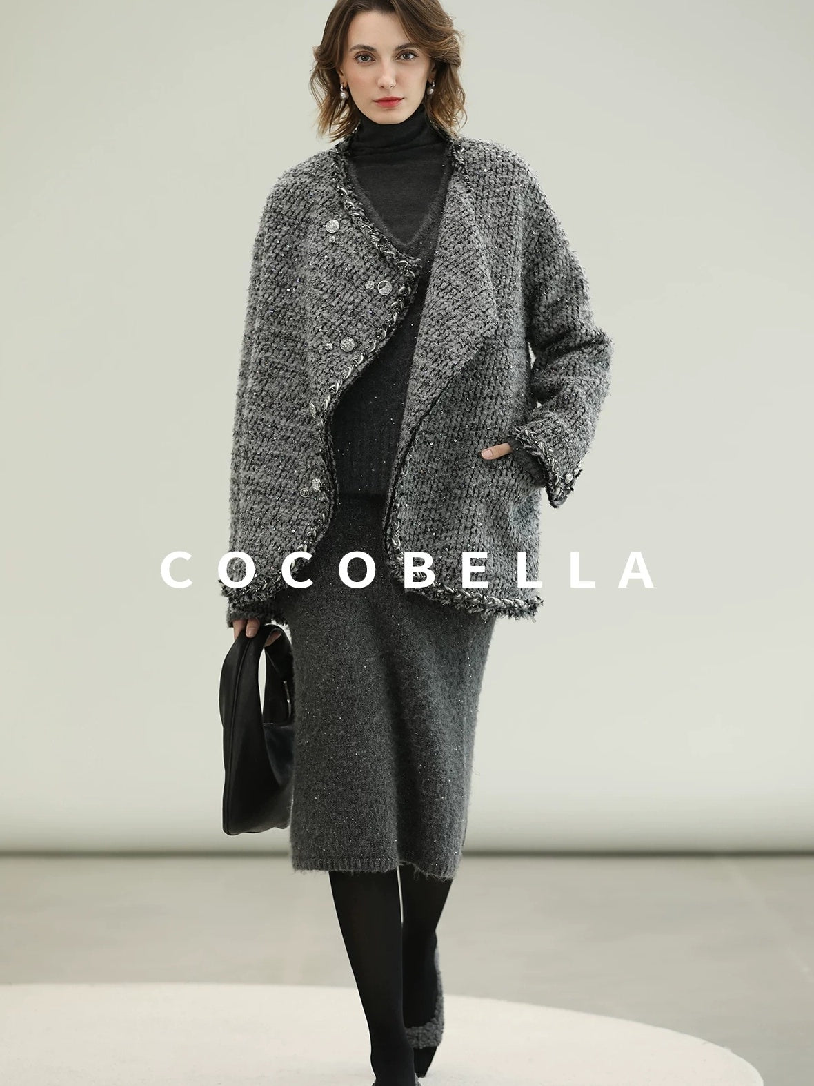 COCOBELLA Wool Blend Button Straight Fit Lapel Collar Office Sequin Paris Gray Coats