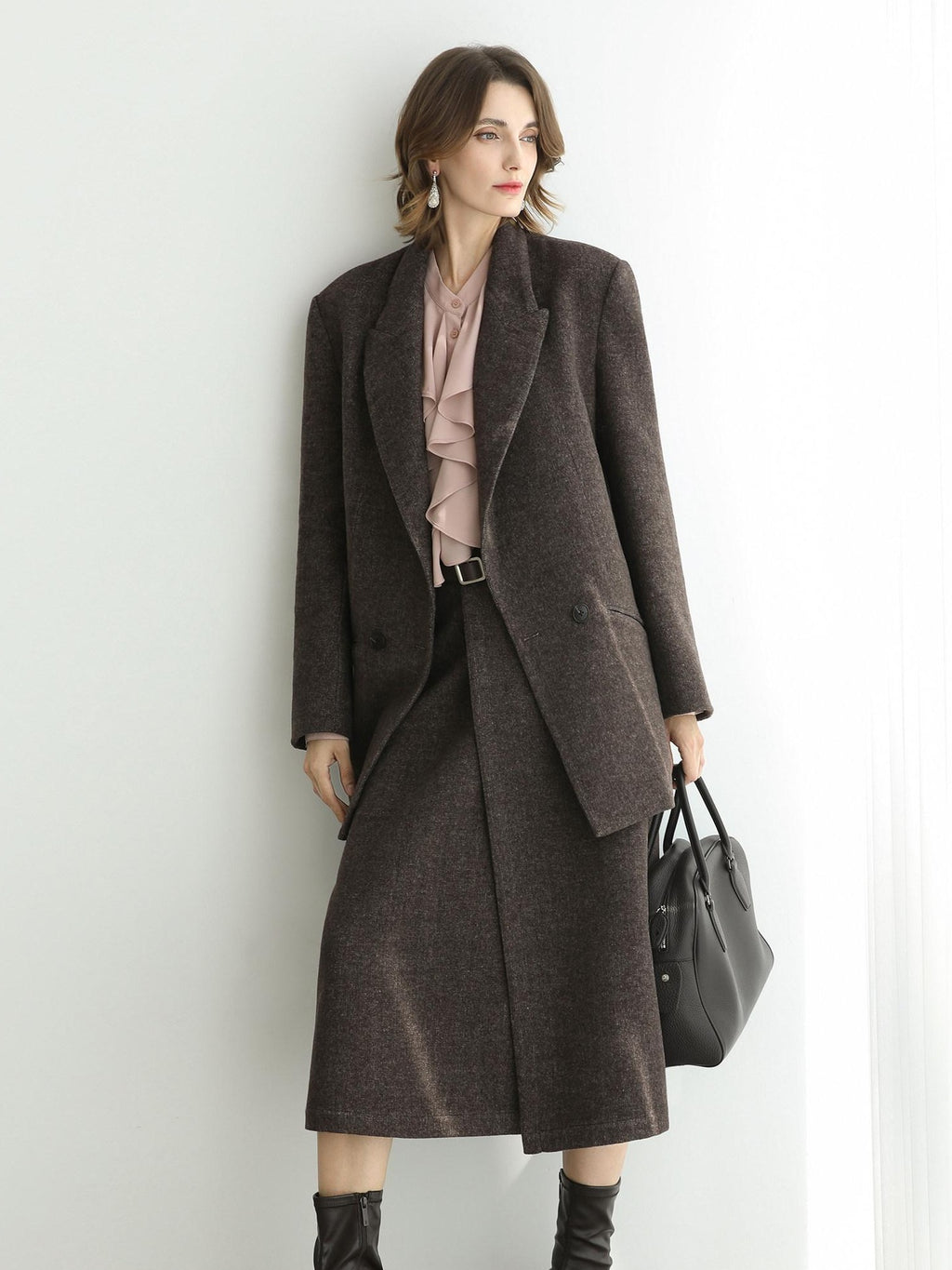 COCOBELLA Wool Blend Double Breasted Notched Lapel Relaxed Fit Office Women Mocha Jackets