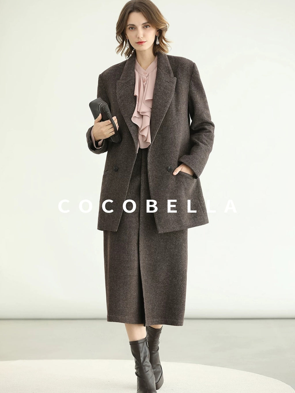 COCOBELLA Wool Blend Double Breasted Notched Lapel Relaxed Fit Office Women Mocha Jackets