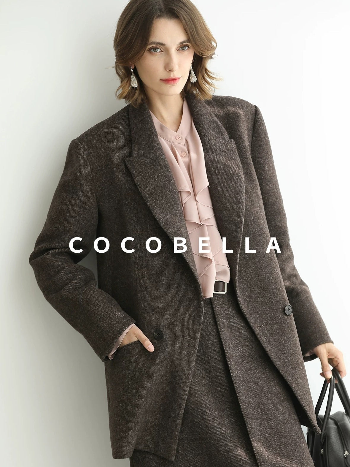 COCOBELLA Wool Blend Double Breasted Notched Lapel Relaxed Fit Office Women Mocha Jackets