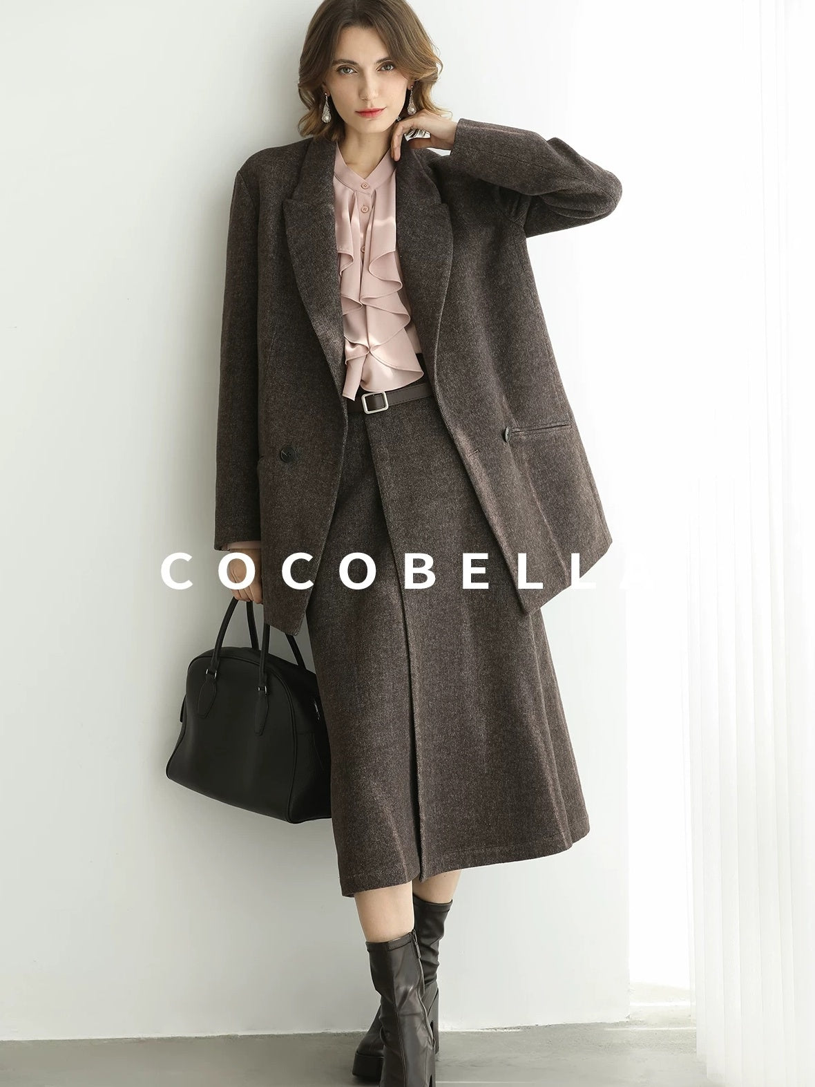 COCOBELLA Wool Blend Double Breasted Notched Lapel Relaxed Fit Office Women Mocha Jackets