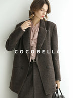 COCOBELLA Wool Blend Double Breasted Notched Lapel Relaxed Fit Office Women Mocha Jackets