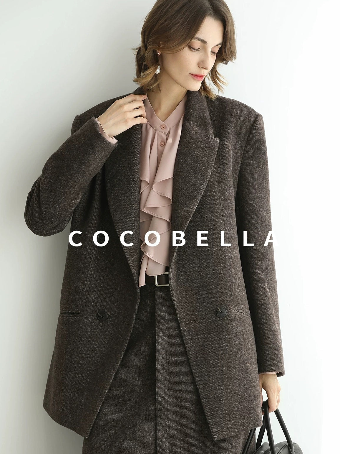 COCOBELLA Wool Blend Double Breasted Notched Lapel Relaxed Fit Office Women Mocha Jackets