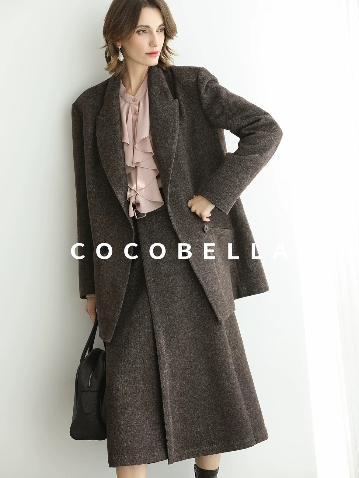 COCOBELLA Wool Blend Double Breasted Notched Lapel Relaxed Fit Office Women Mocha Jackets