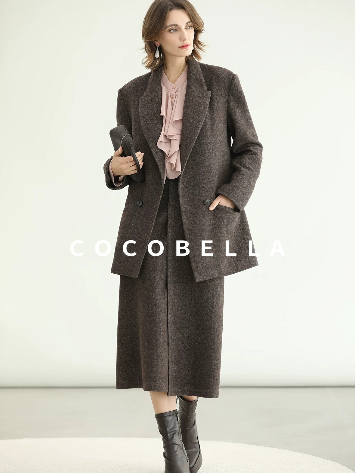 COCOBELLA Wool Blend Double Breasted Notched Lapel Relaxed Fit Office Women Mocha Jackets