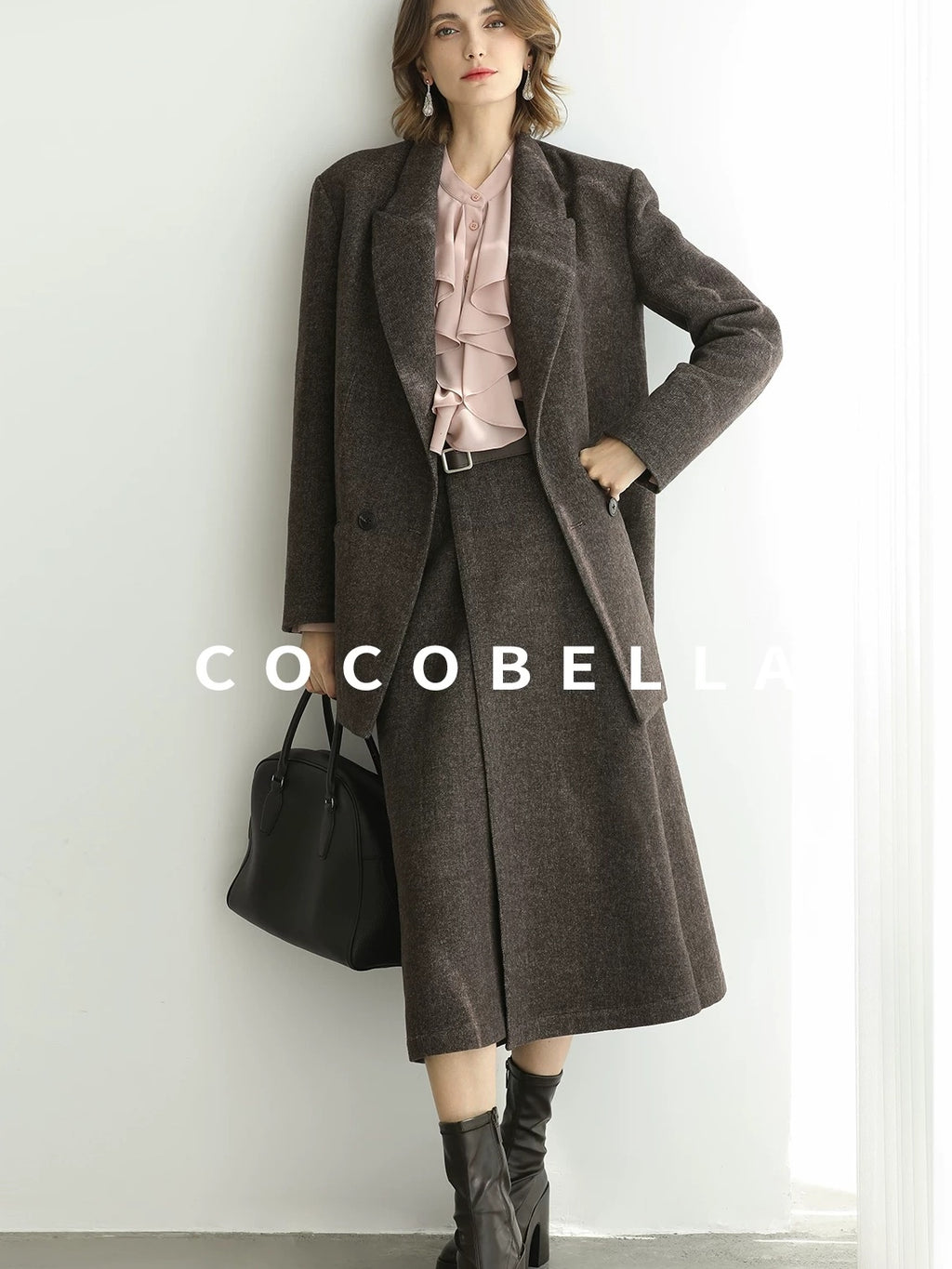 COCOBELLA Wool Blend Double Breasted Notched Lapel Relaxed Fit Office Women Mocha Jackets