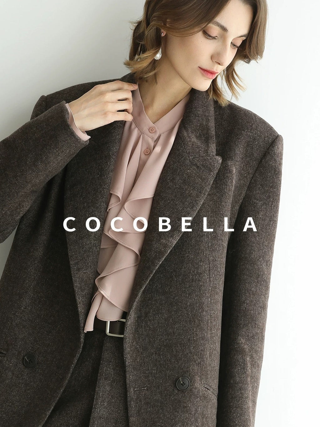 COCOBELLA Wool Blend Double Breasted Notched Lapel Relaxed Fit Office Women Mocha Jackets