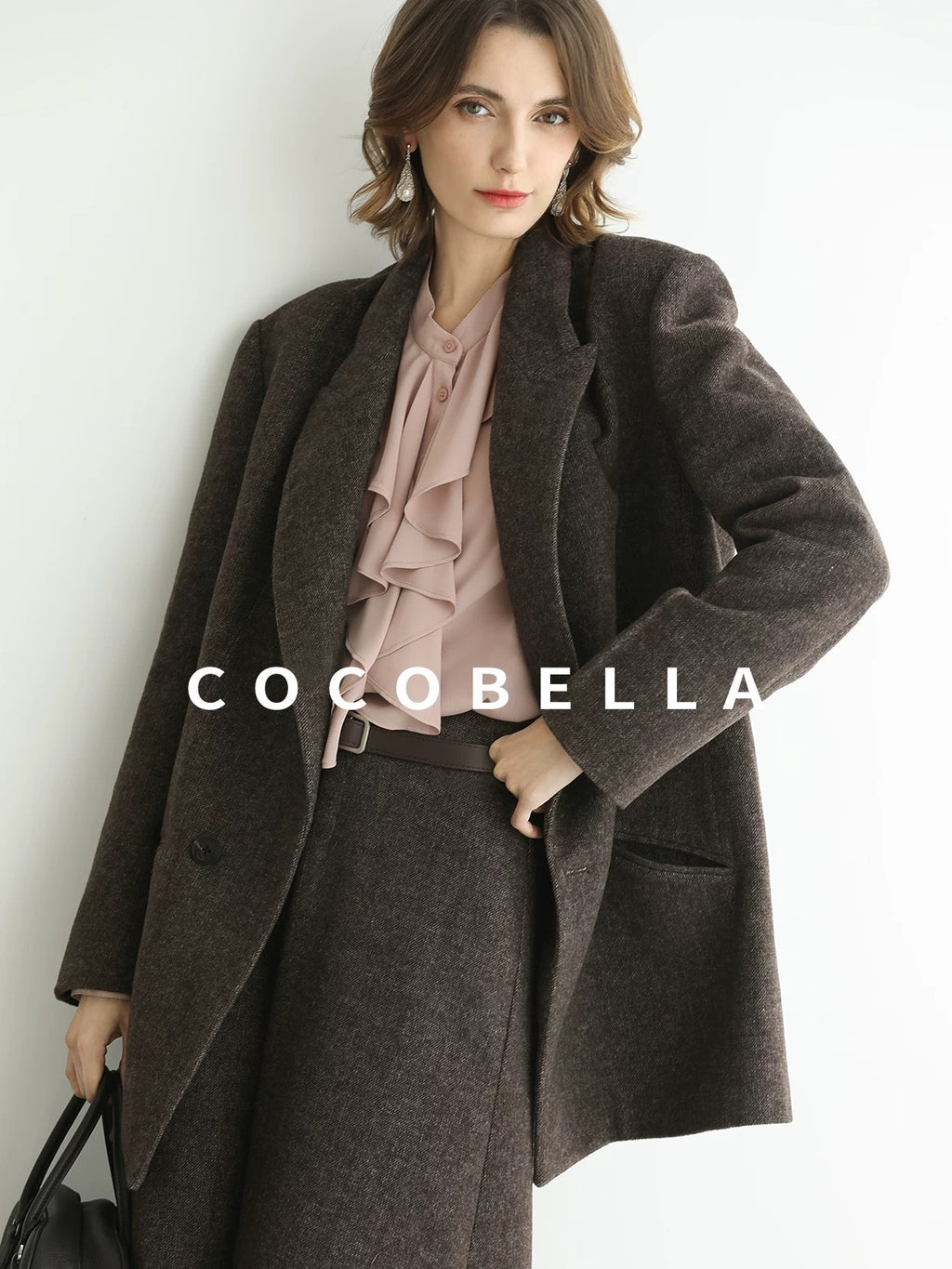 COCOBELLA Wool Blend Double Breasted Notched Lapel Relaxed Fit Office Women Mocha Jackets