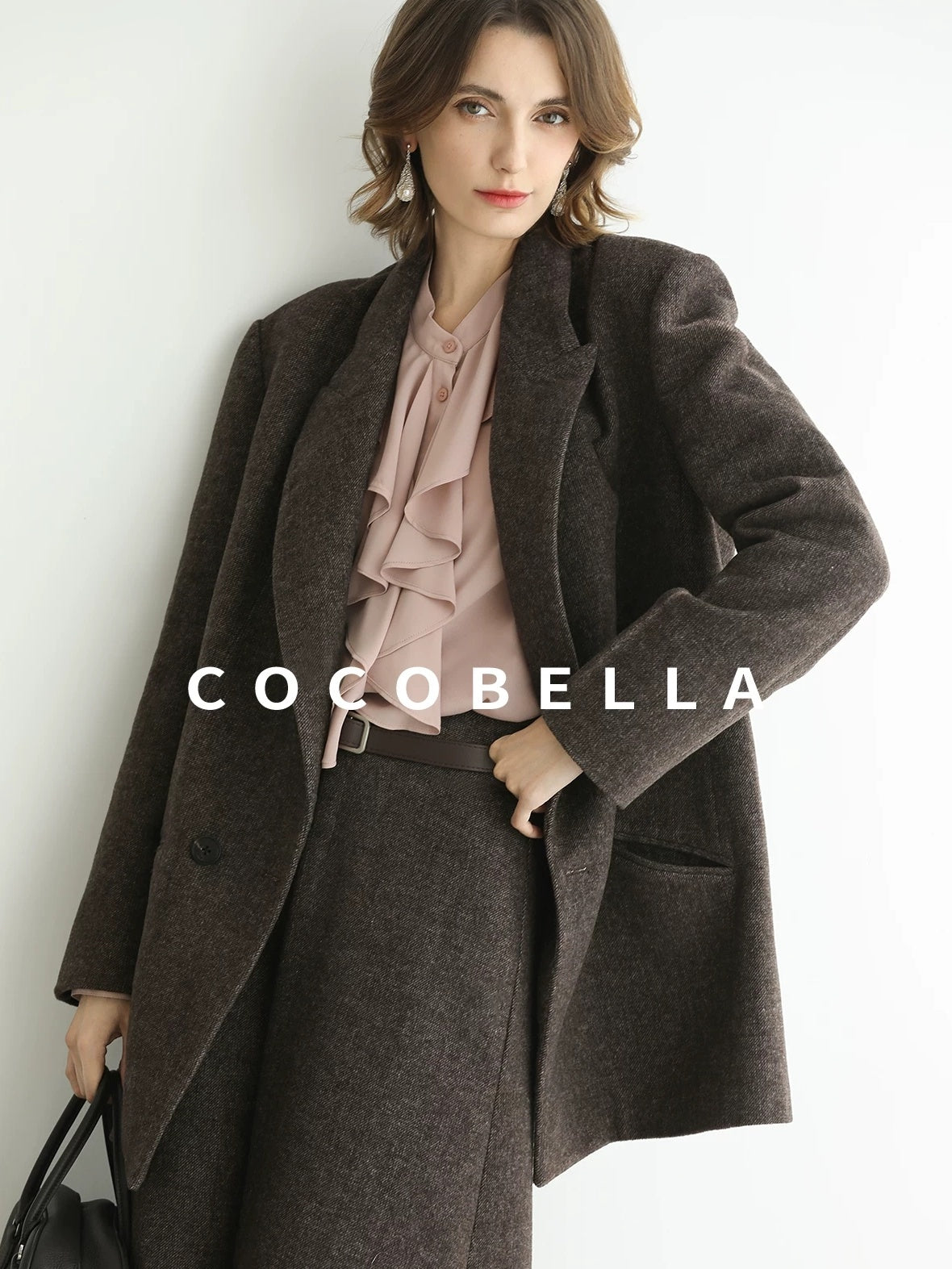 COCOBELLA Wool Blend Double Breasted Notched Lapel Relaxed Fit Office Women Mocha Jackets