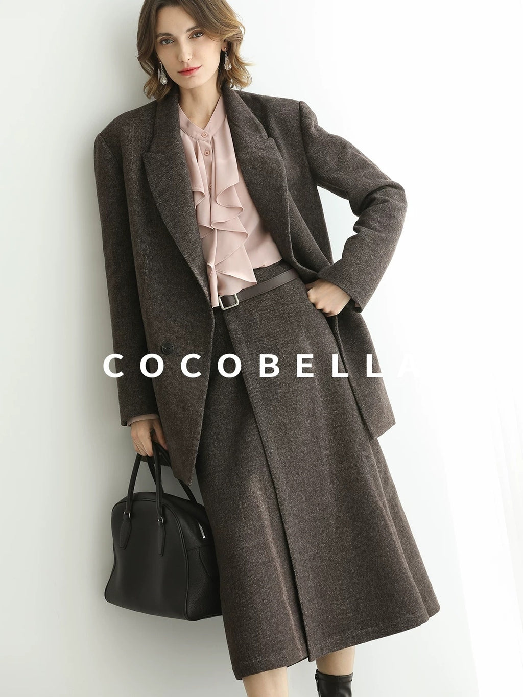 COCOBELLA Wool Blend Double Breasted Notched Lapel Relaxed Fit Office Women Mocha Jackets