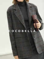 COCOBELLA Wool Blend Frayed Edge Straight Cut Women Gray Plaid Single Button Blazers