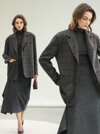 COCOBELLA Wool Blend Frayed Edge Straight Cut Women Gray Plaid Single Button Blazers