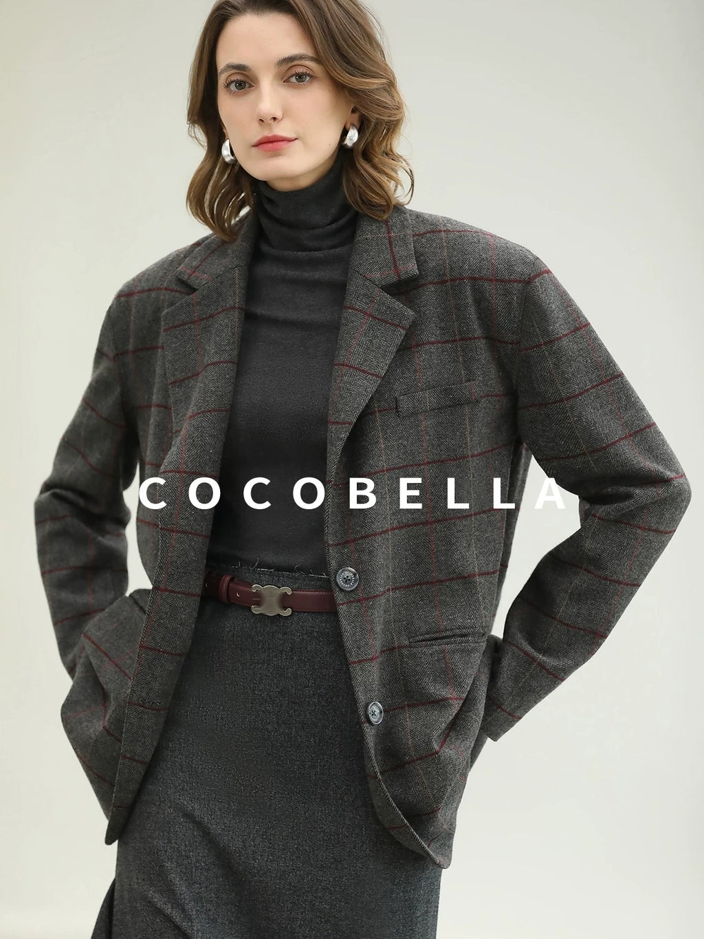 COCOBELLA Wool Blend Frayed Edge Straight Cut Women Gray Plaid Single Button Blazers