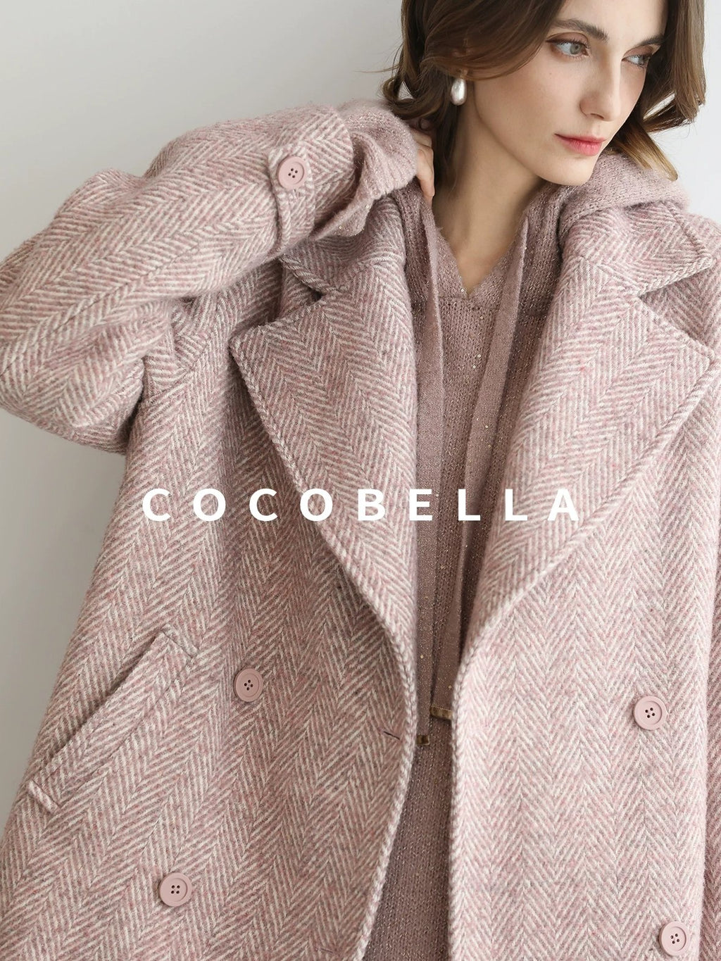 COCOBELLA Wool Blend Herringbone Double Breasted Mid Length Straight Cut Office Lady Coats