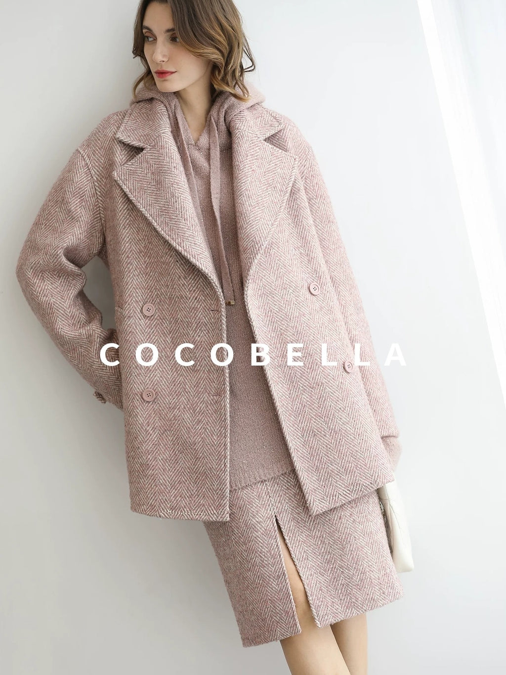 COCOBELLA Wool Blend Herringbone Double Breasted Mid Length Straight Cut Office Lady Coats
