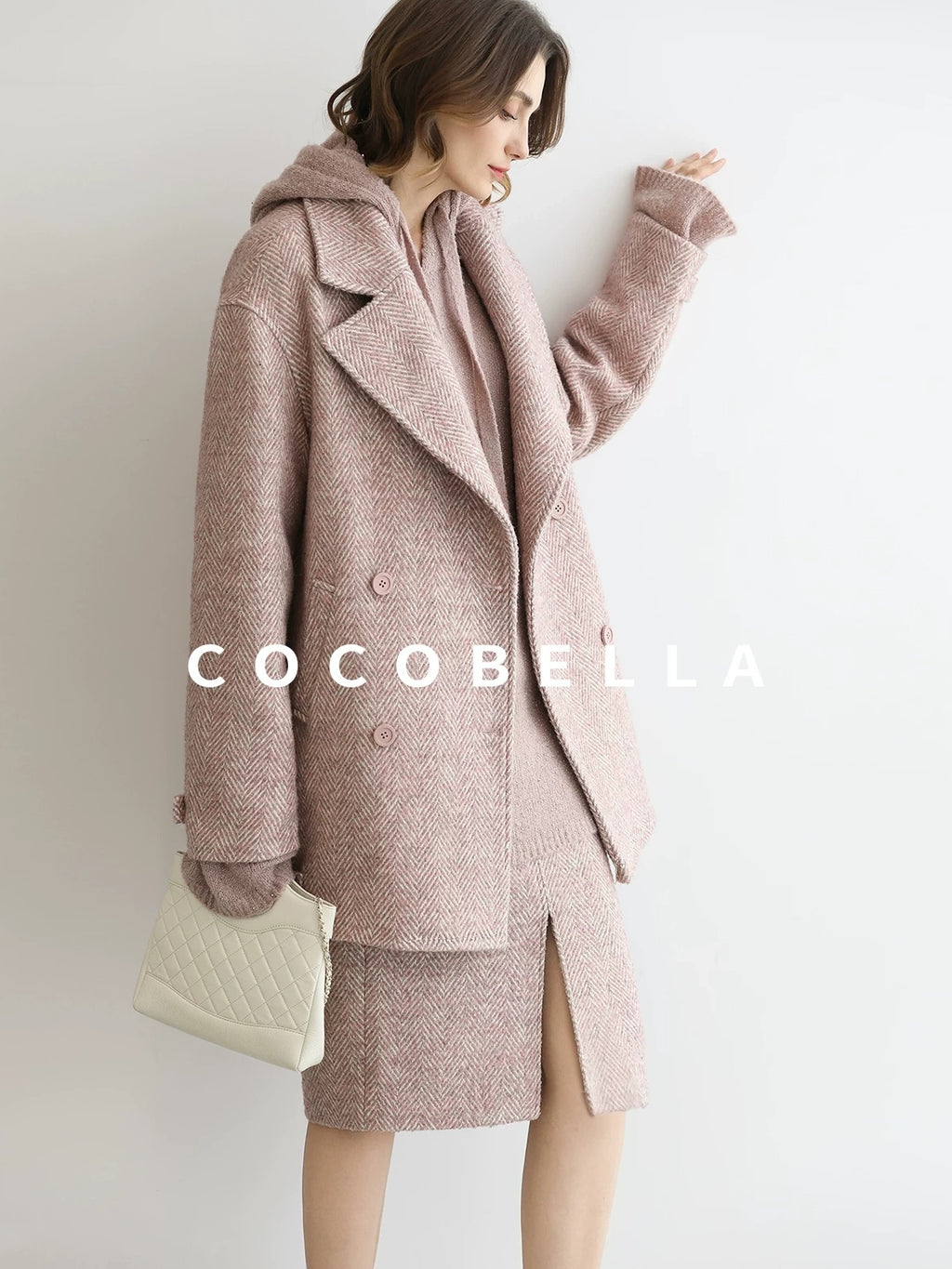 COCOBELLA Wool Blend Herringbone Double Breasted Mid Length Straight Cut Office Lady Coats
