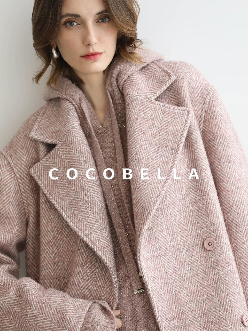 COCOBELLA Wool Blend Herringbone Double Breasted Mid Length Straight Cut Office Lady Coats