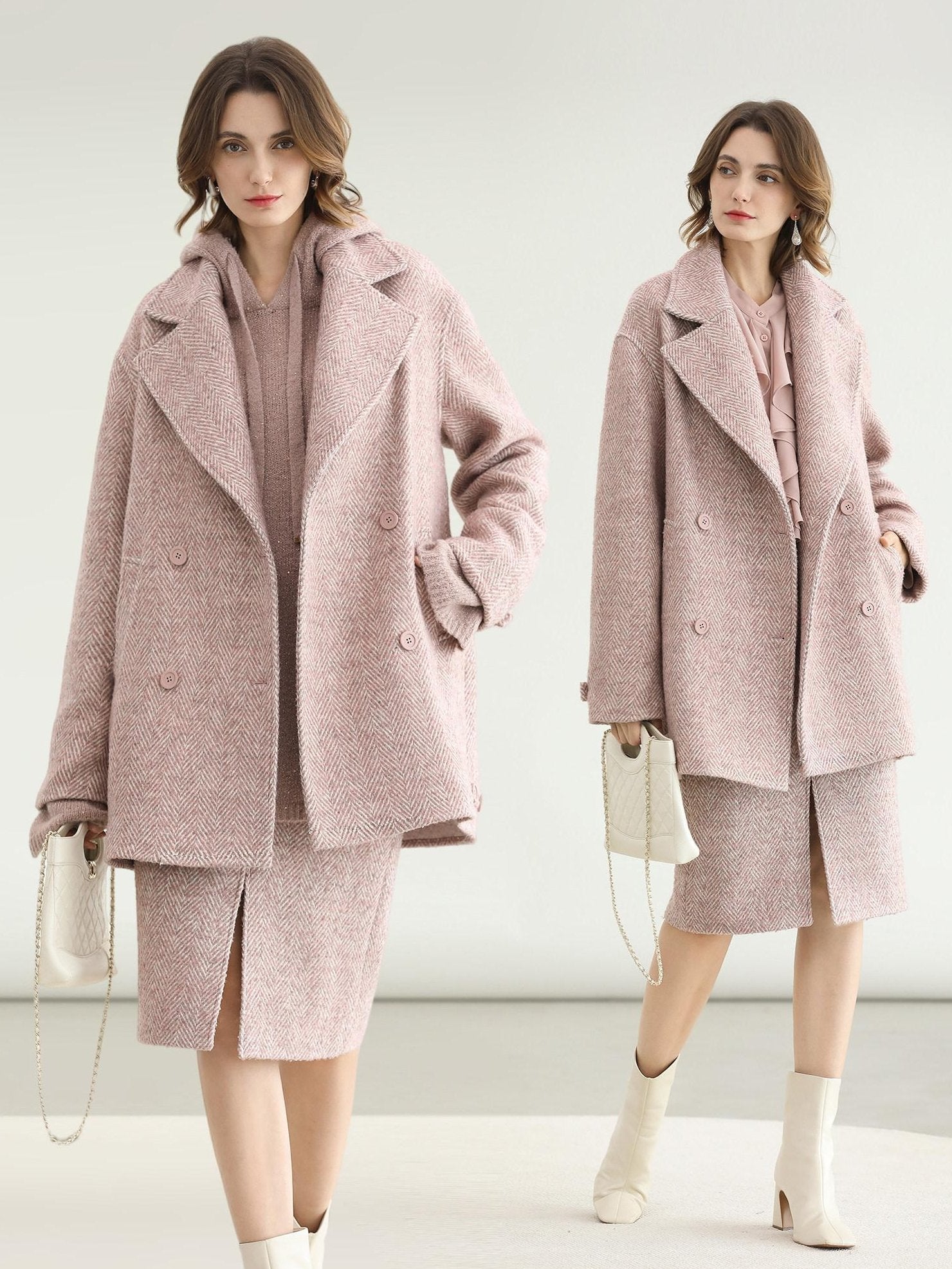 COCOBELLA Wool Blend Herringbone Double Breasted Mid Length Straight Cut Office Lady Coats