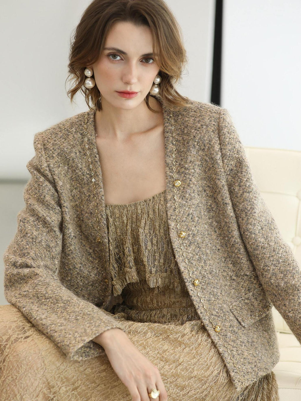 COCOBELLA Wool Blend Lurex 3D Embellished Straight Fit Ladylike Office Blazers
