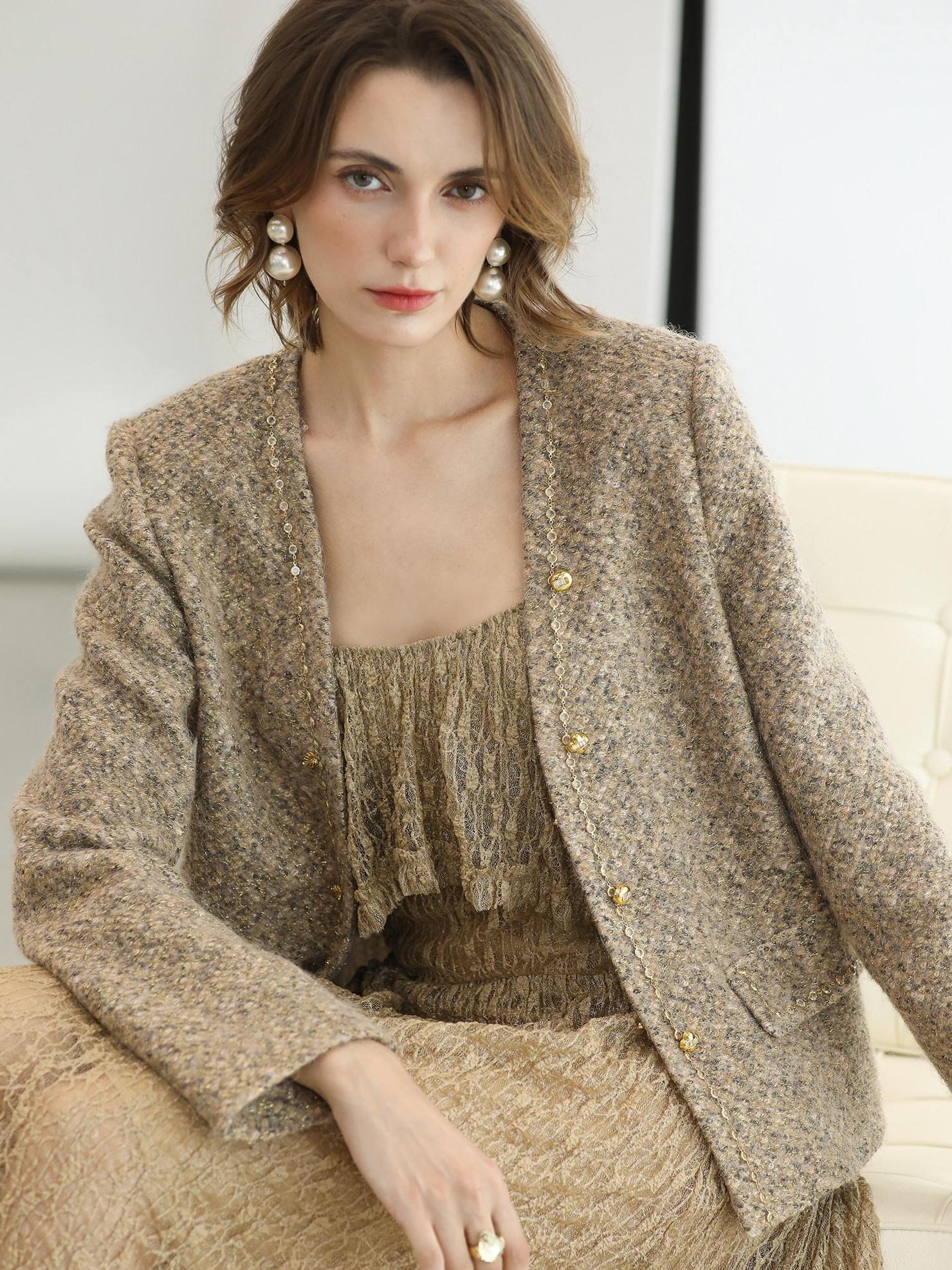 COCOBELLA Wool Blend Lurex 3D Embellished Straight Fit Ladylike Office Blazers