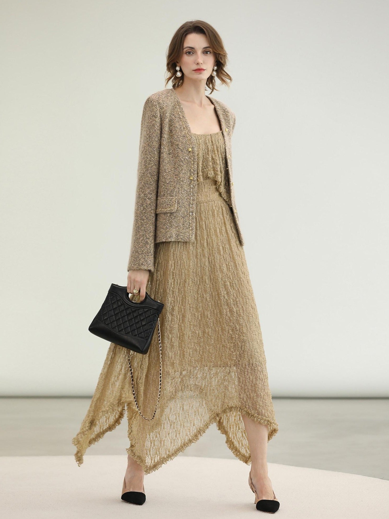 COCOBELLA Wool Blend Lurex 3D Embellished Straight Fit Ladylike Office Blazers