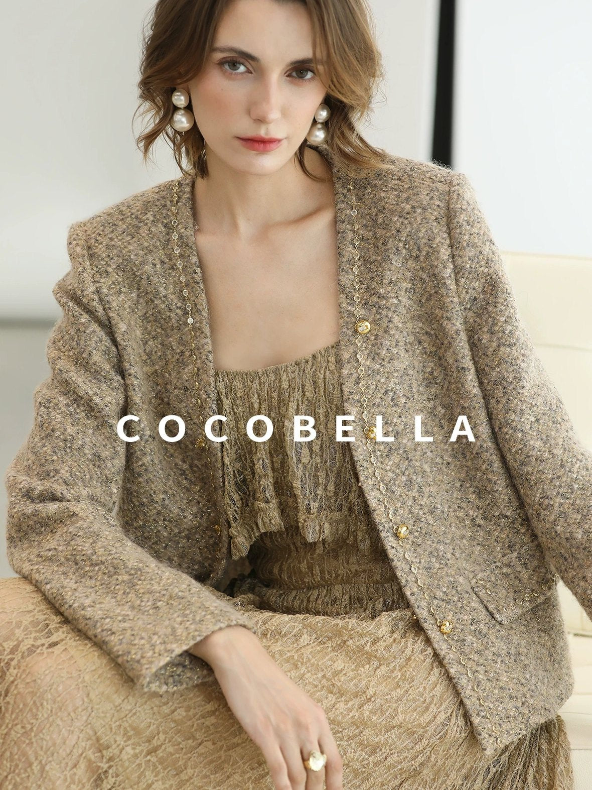 COCOBELLA Wool Blend Lurex 3D Embellished Straight Fit Ladylike Office Blazers