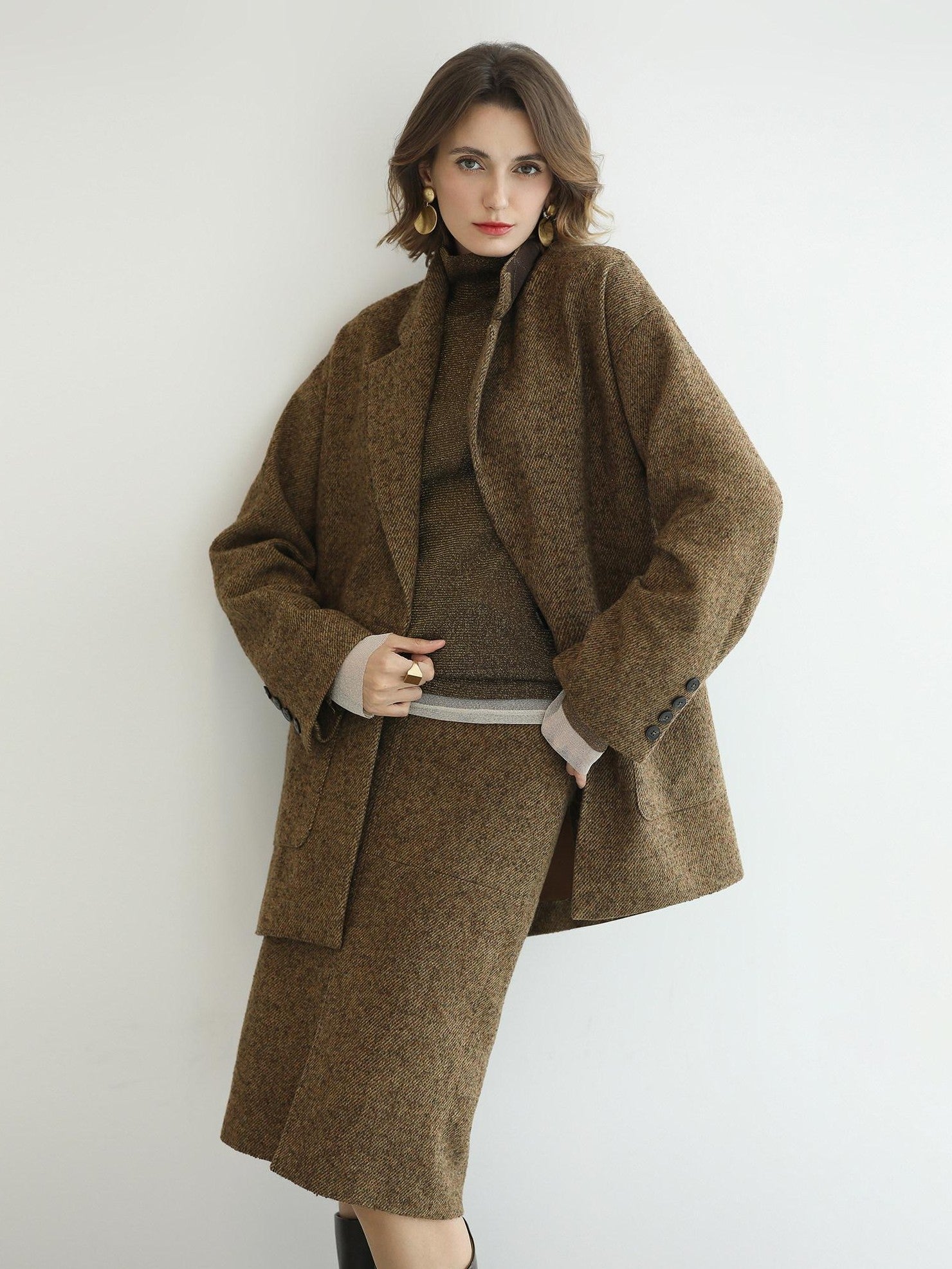 COCOBELLA Wool Blend Midlength Straight Open Cardigan Women Work Warm Ginger Coats