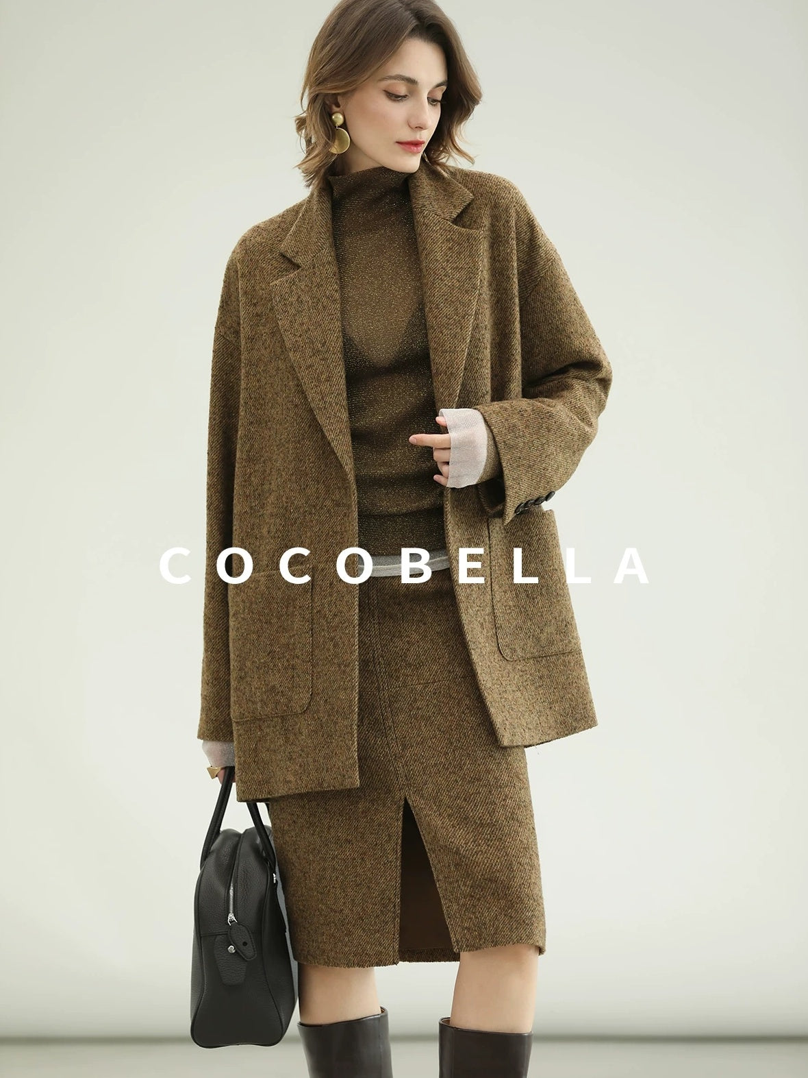 COCOBELLA Wool Blend Midlength Straight Open Cardigan Women Work Warm Ginger Coats