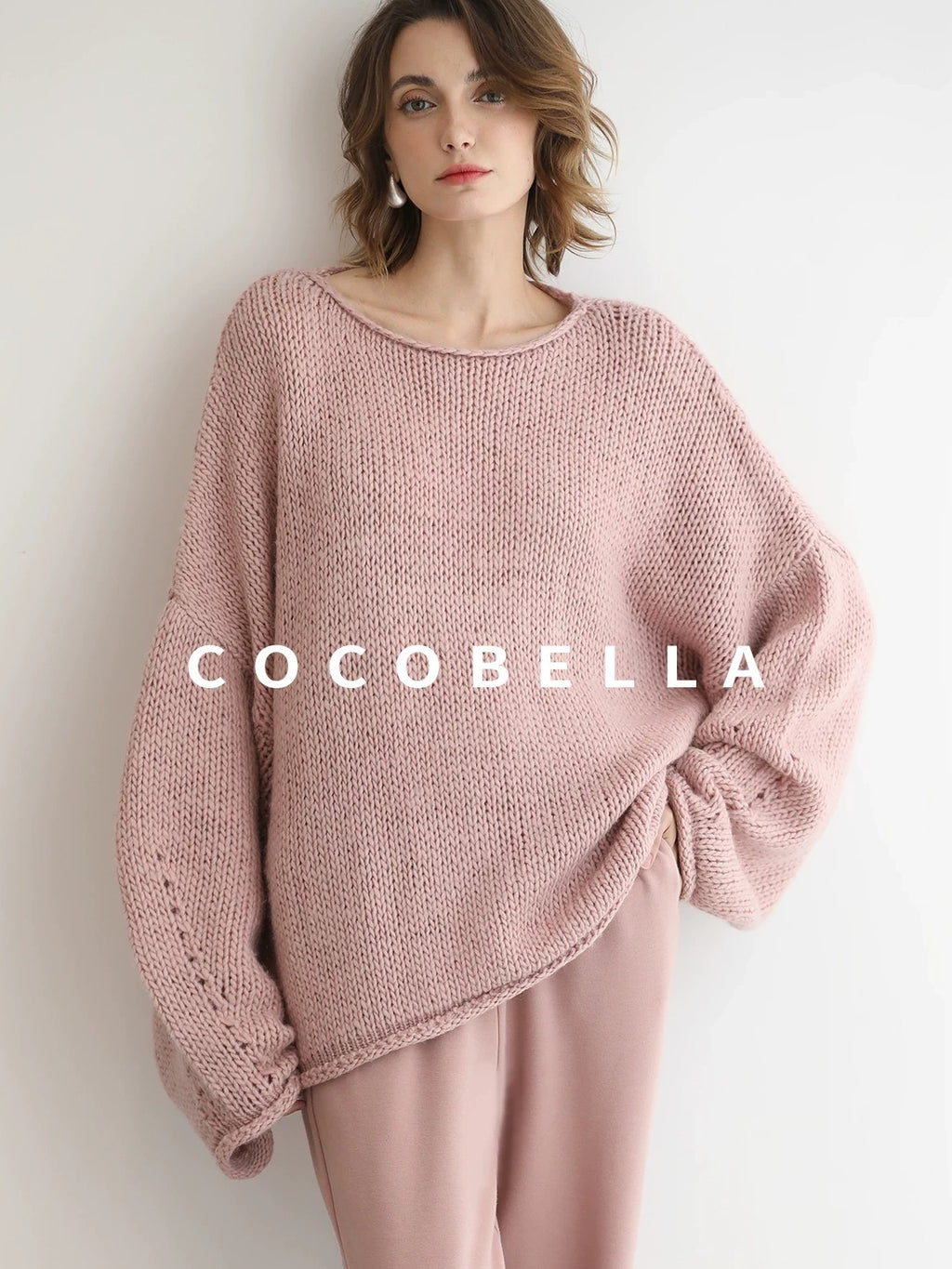COCOBELLA Wool Blend Oversized Rolled Edge Commuter Women Pullover Round Neck Sweater