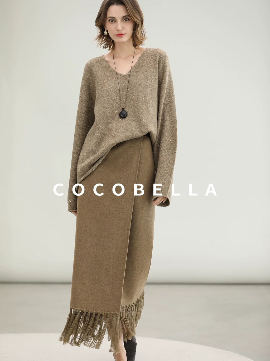 COCOBELLA Wool Blend Shell Embroidery Tassel Mid Rise Front Slit H Silhouette Office Skirts
