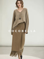 COCOBELLA Wool Blend Shell Embroidery Tassel Mid Rise Front Slit H Silhouette Office Skirts