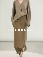 COCOBELLA Wool Blend Shell Embroidery Tassel Mid Rise Front Slit H Silhouette Office Skirts