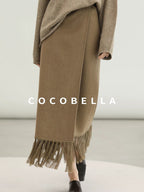 COCOBELLA Wool Blend Shell Embroidery Tassel Mid Rise Front Slit H Silhouette Office Skirts