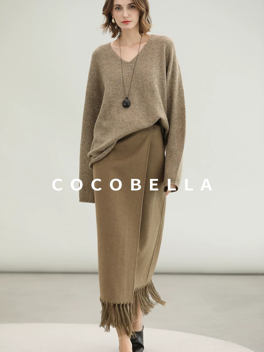 COCOBELLA Wool Blend Shell Embroidery Tassel Mid Rise Front Slit H Silhouette Office Skirts