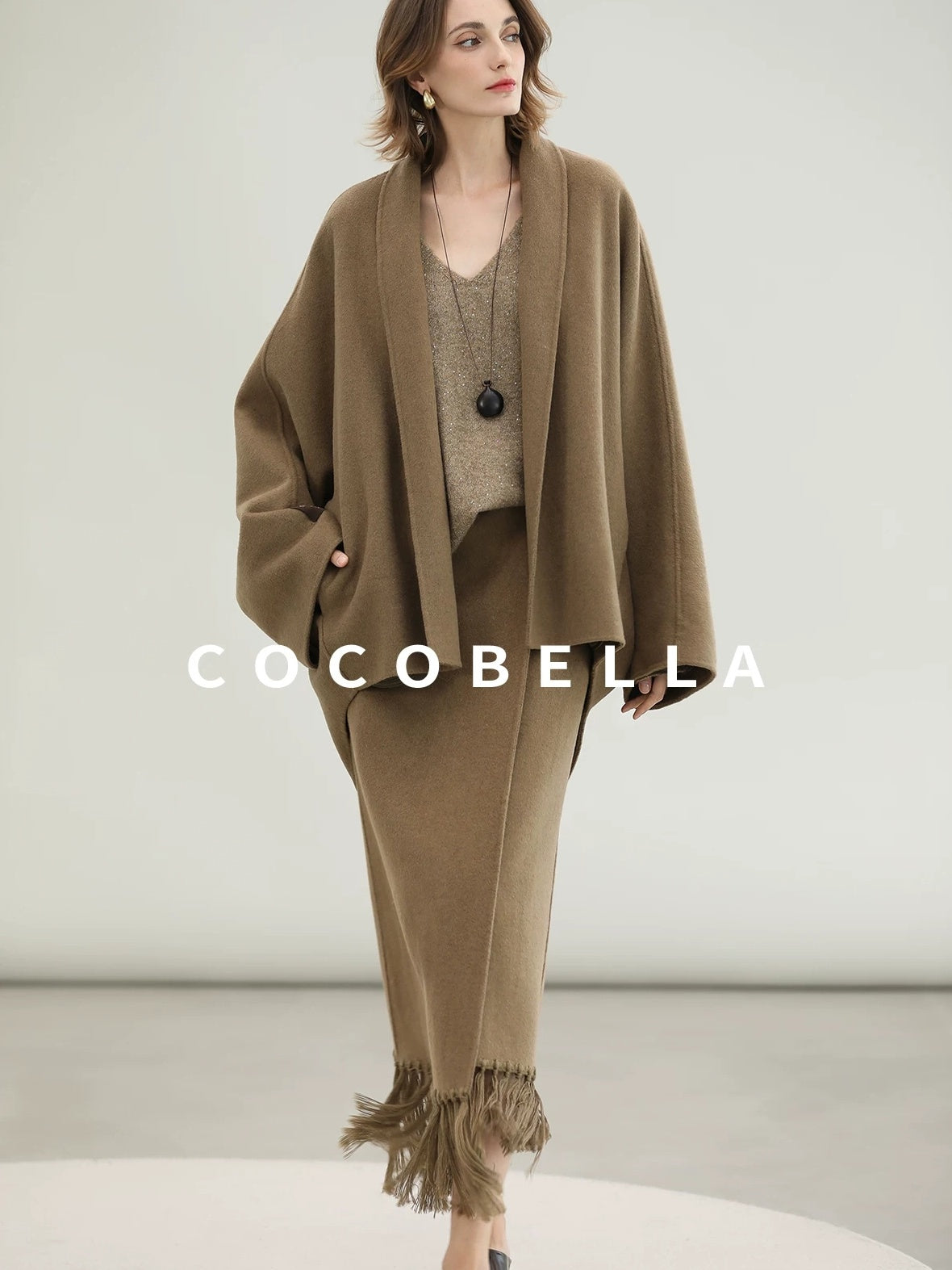 COCOBELLA Wool Blend Shell Embroidery Tassel Mid Rise Front Slit H Silhouette Office Skirts