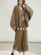 COCOBELLA Wool Blend Shell Embroidery Tassel Mid Rise Front Slit H Silhouette Office Skirts