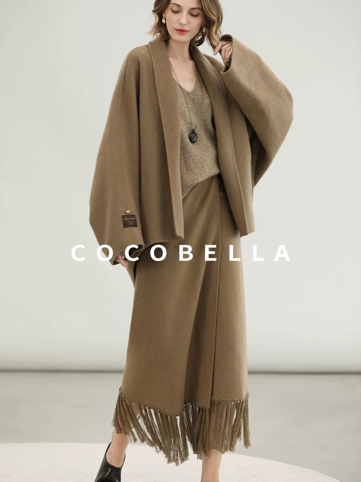 COCOBELLA Wool Blend Shell Embroidery Tassel Mid Rise Front Slit H Silhouette Office Skirts